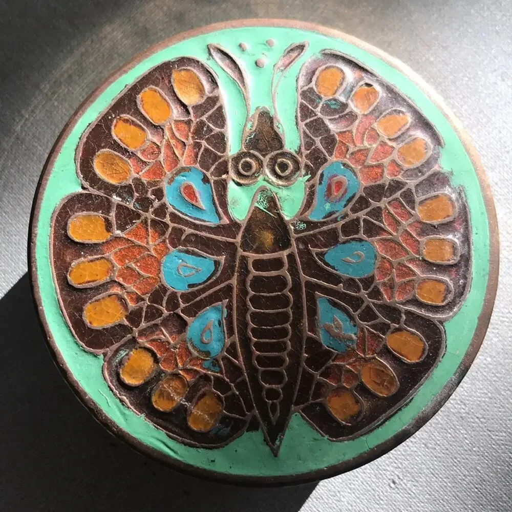Vintage Brass Ring Box with Moth or Butterfly in Orange and Mint Green Enamel